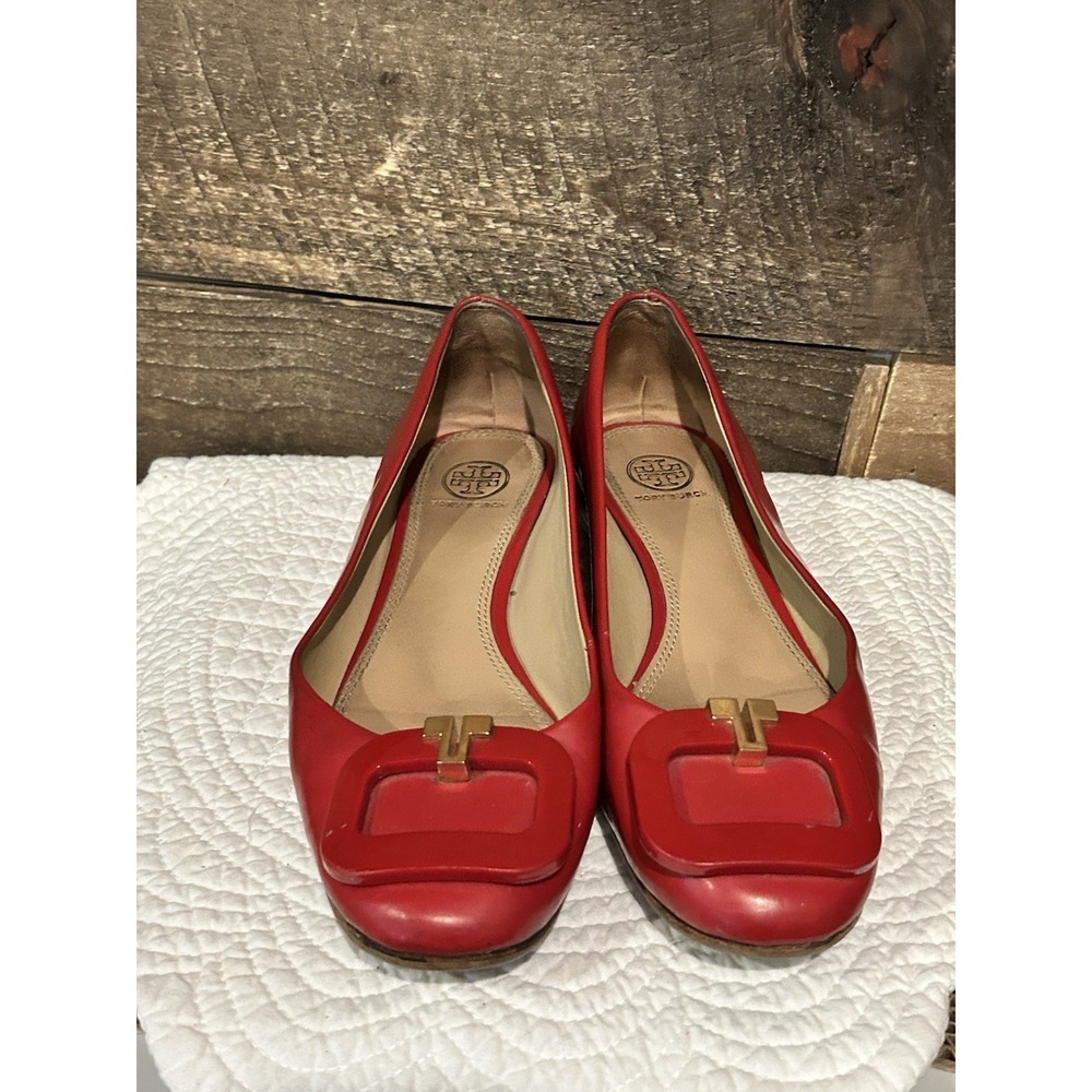 TORY BURCH T Ring Flats Soft Patent Calf Leather Ballet Cerise Red Shoes 9